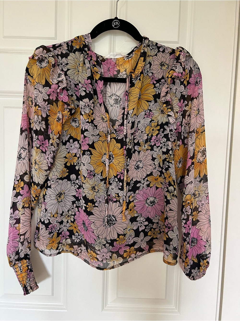 Floral Tie-Neck Blouse - Pink & yellow